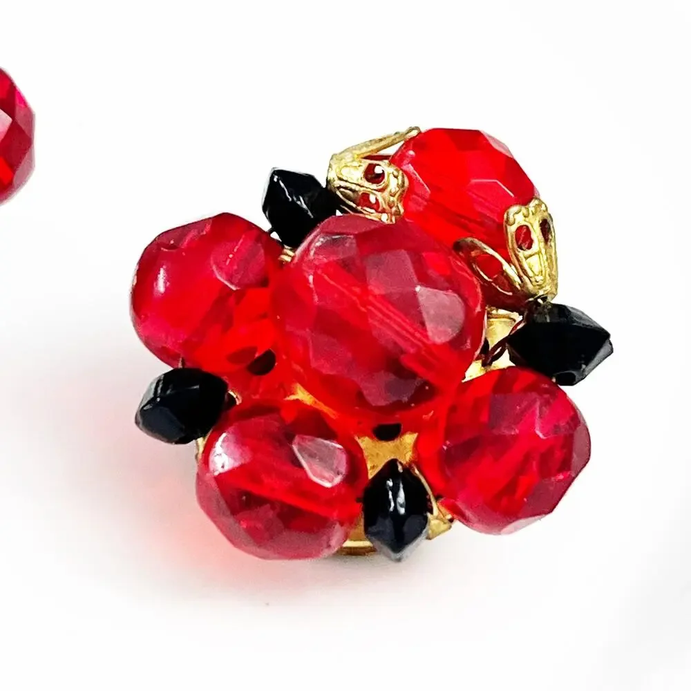 Vintage Red Faceted Bead Cluster Clip Earrings